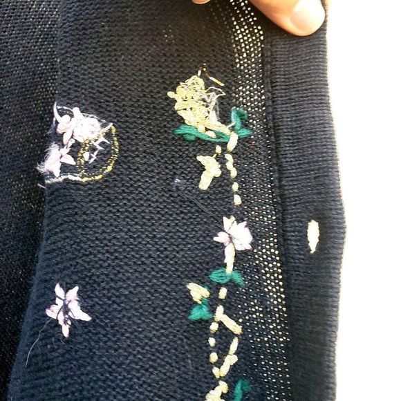 vintage Christmas Sweater 90s Beaded Xmas Stockings Black Cotton Ramie 10 12 - Picture 10 of 13